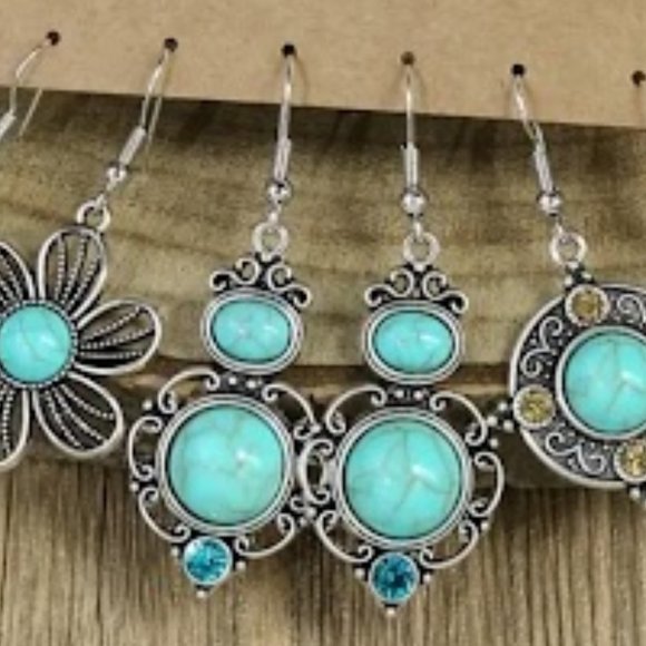Set of 3 Silver Pendant Earrings w/ Turquoise Color Stones 925 Silver Hooks - Picture 2 of 4